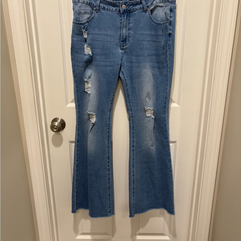 Stylish Blue Distressed Women bell bottom Jeans